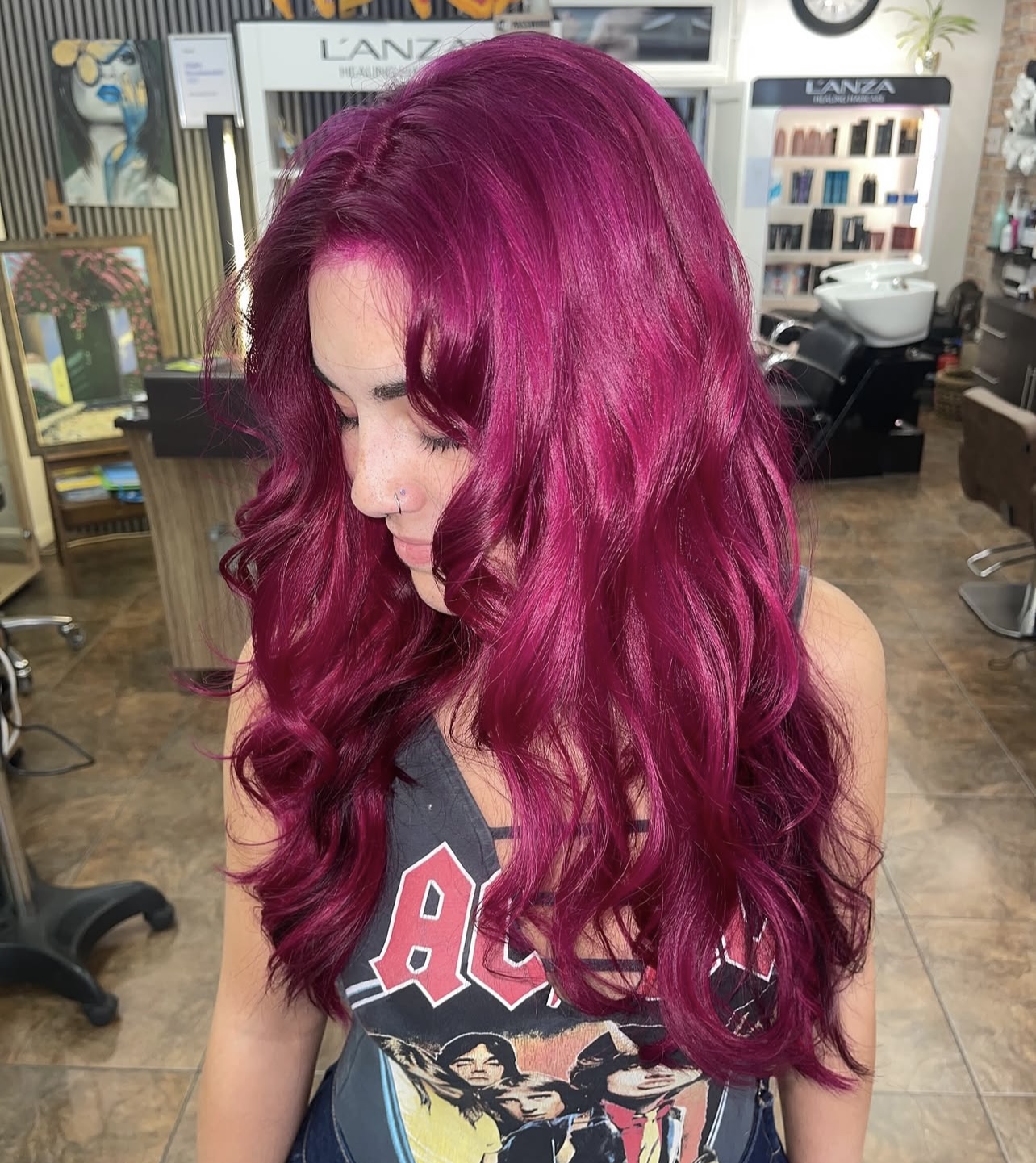 Deep magenta hair with long soft waves, viewed from the front