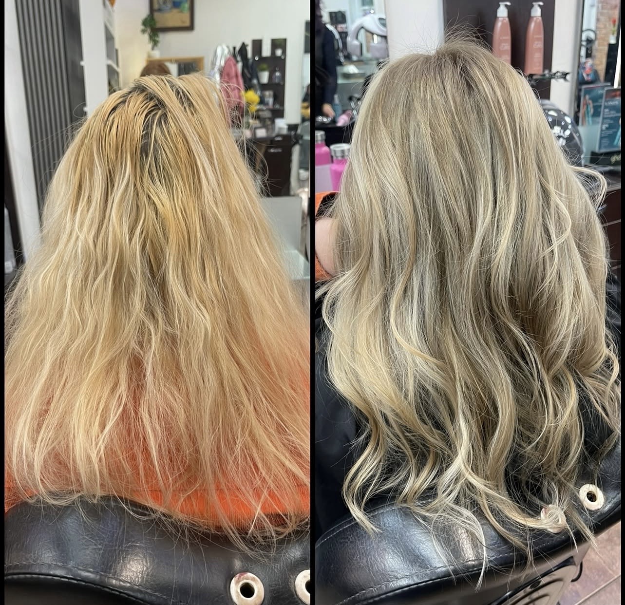Side-by-side blonde hair transformation, before on the left and after on the right