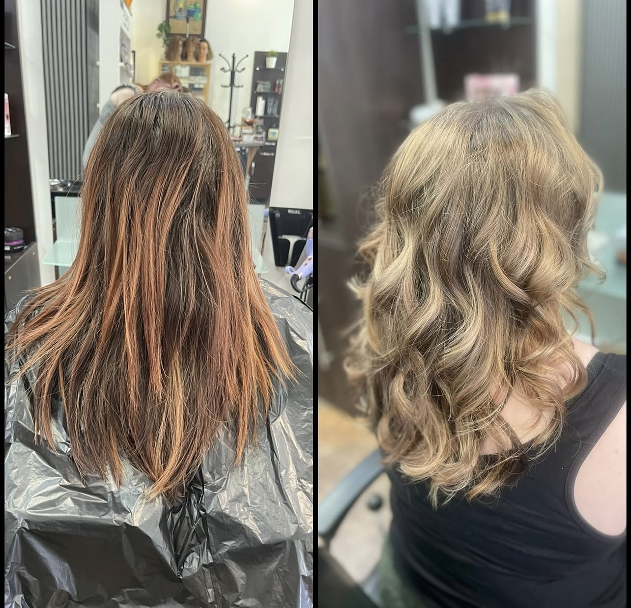 Side-by-side brunette to dimensional blonde transformation, before on the left and after on the right